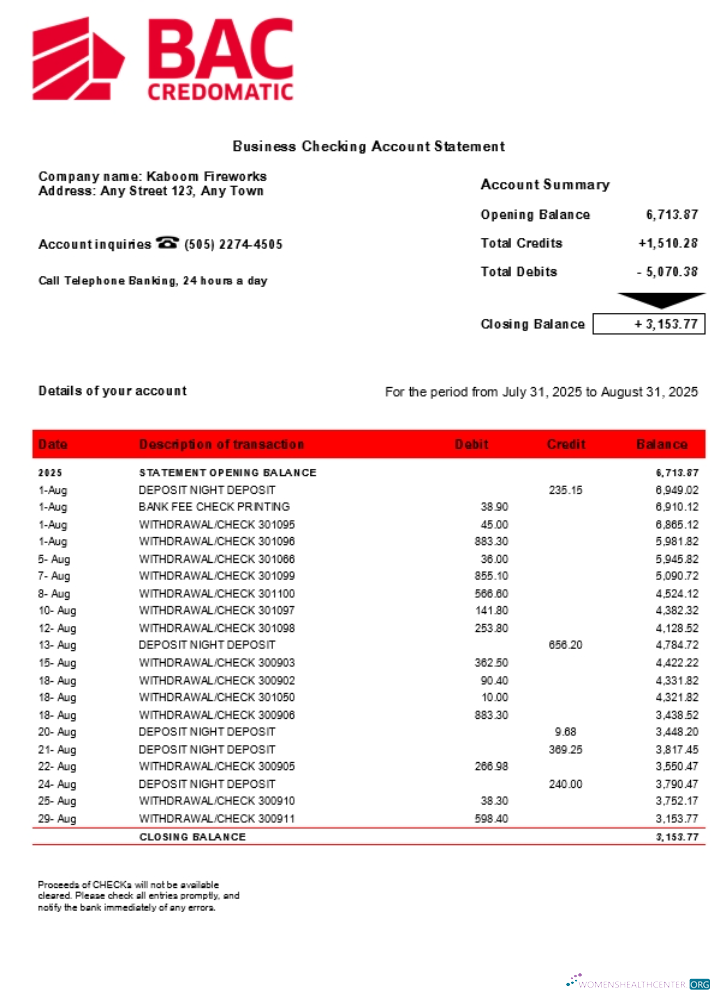Download BAC Credomatic enterprise statement Word and PDF format (1) Photoshop template